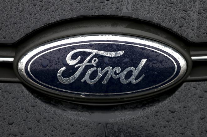 The Ford logo is pictured at the Ford Motor Co plant in Genk